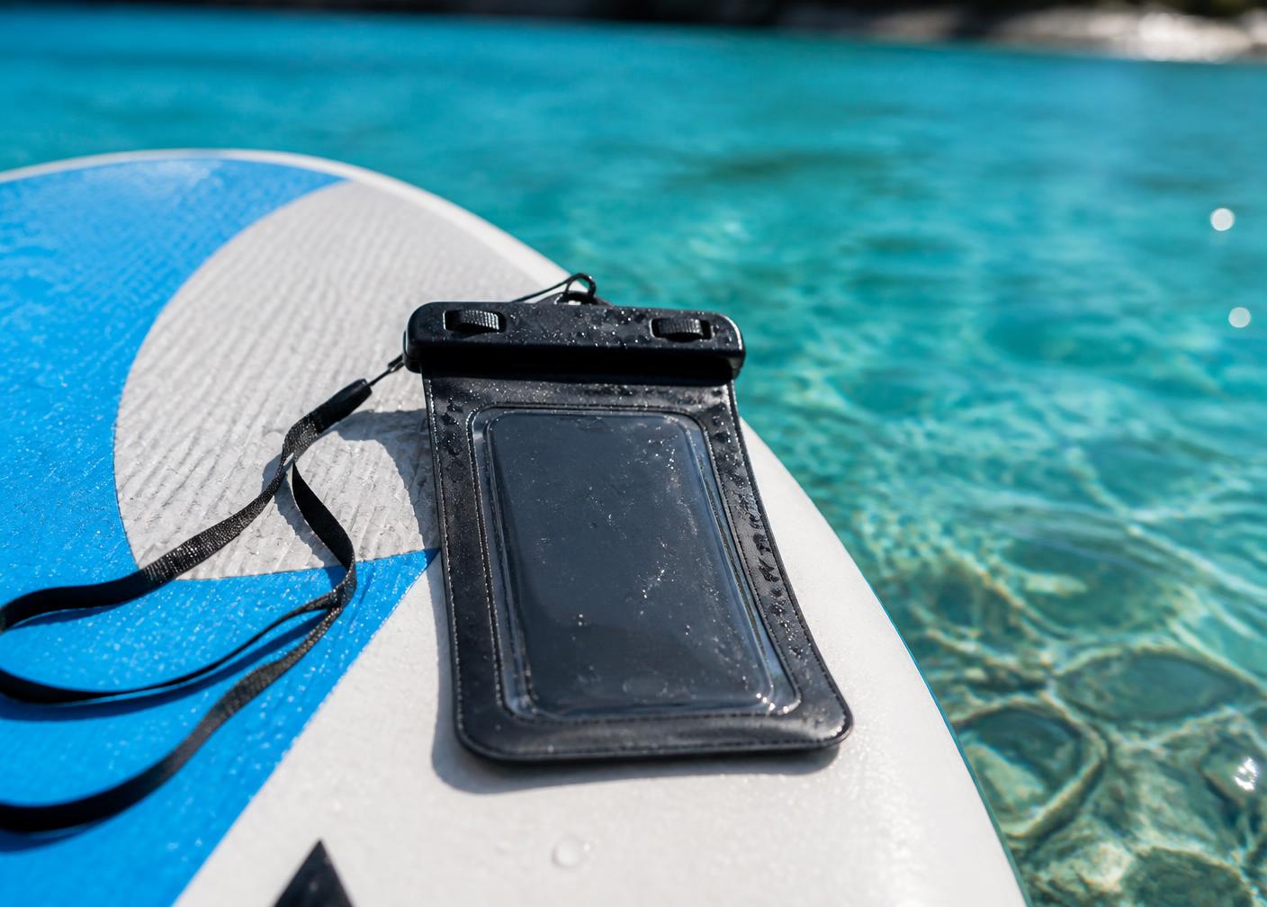 HydroPeak waterproof case resting on a paddleboard beside turquoise water